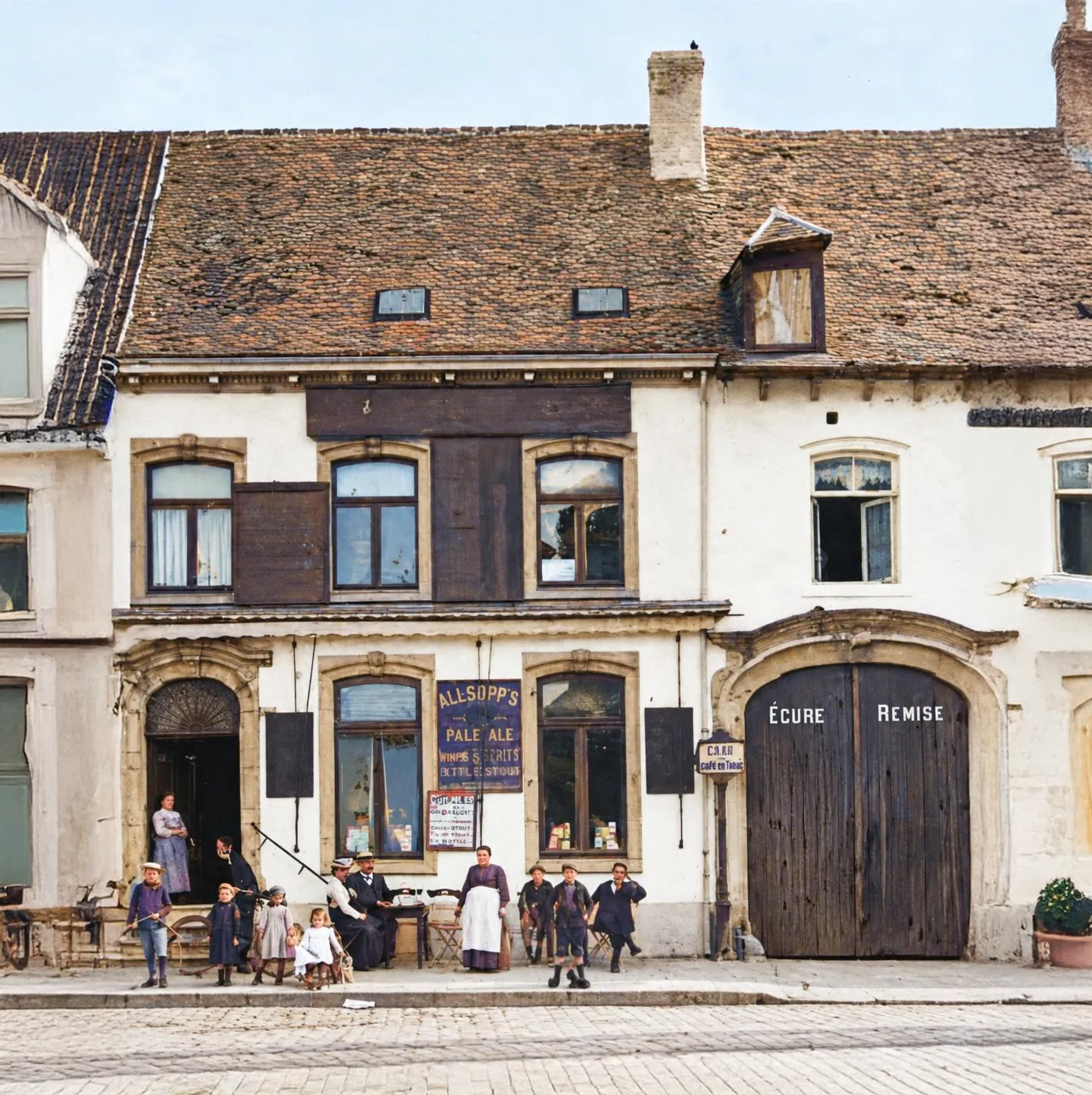 An old view of the Waterloo inn’s façade, with people outside the entrance
