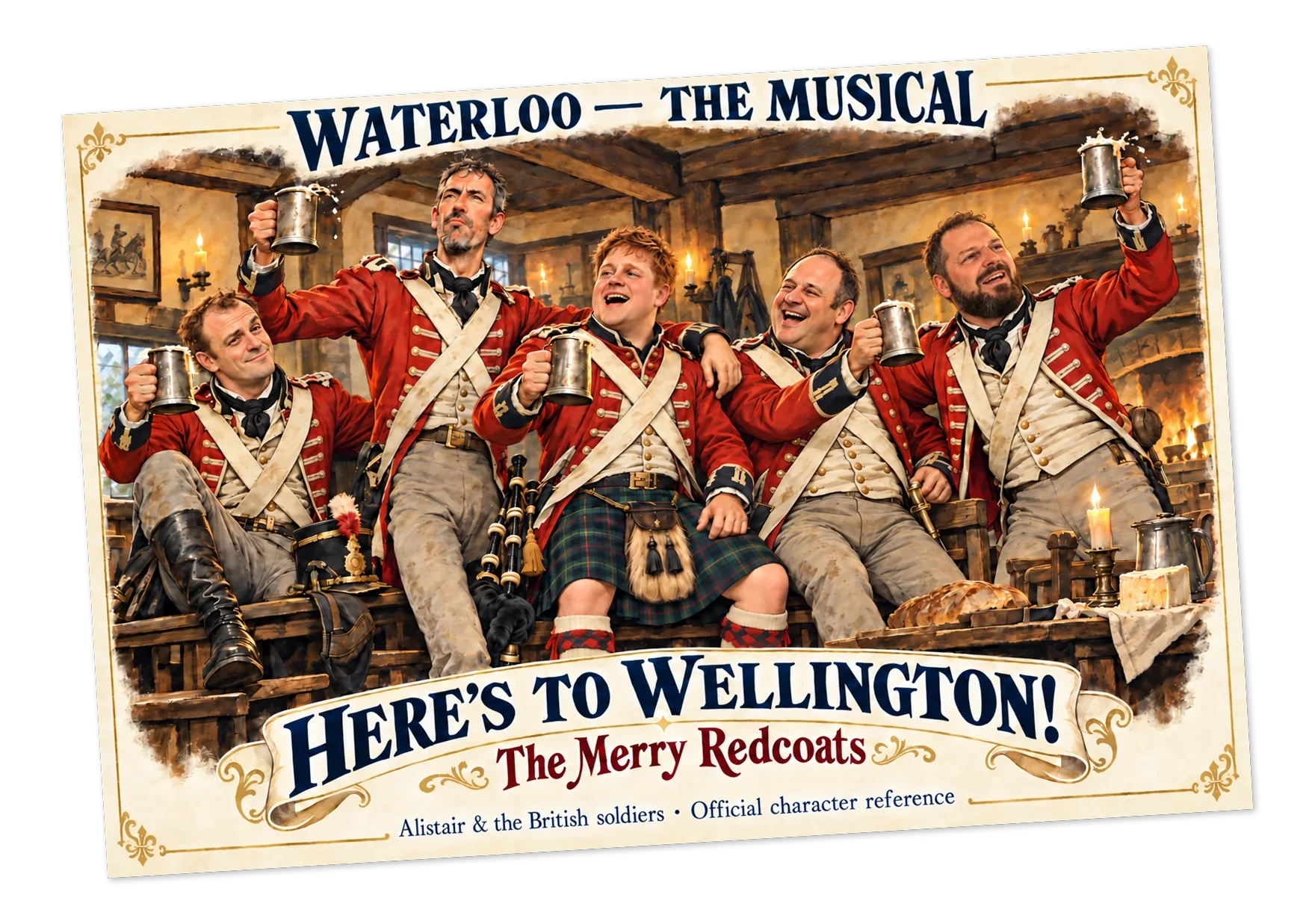 The Merry Redcoats together in an inn, with laughter, tankards and bagpipes