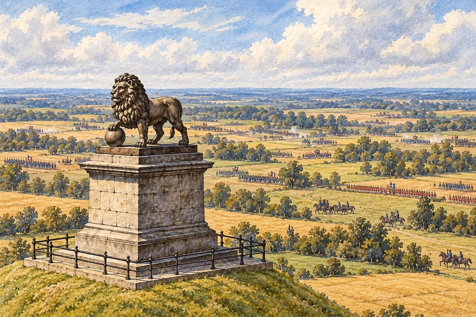 The Lion at the summit of Waterloo’s mound, with an artistic evocation of troops on the battlefield in the background